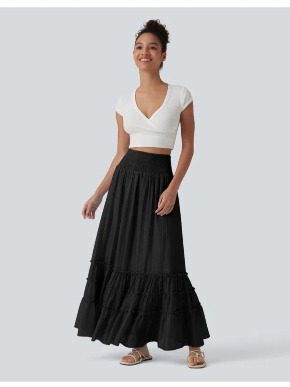 HALARA Black Smocked Waist Tiered Maxi Skirt